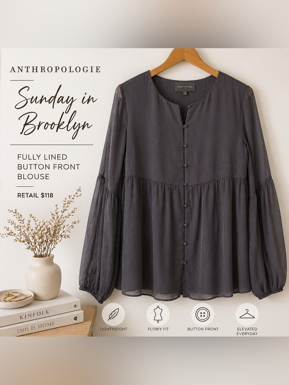 ANTHROPOLOGIE Sunday in Brooklyn Button-Front Blouse Charcoal Fully lined SizeS